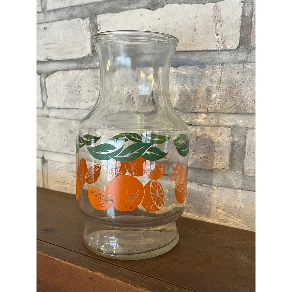 Retro Anchor Hocking Juice‎ Carafe with Oranges and Green Leaf Pattern